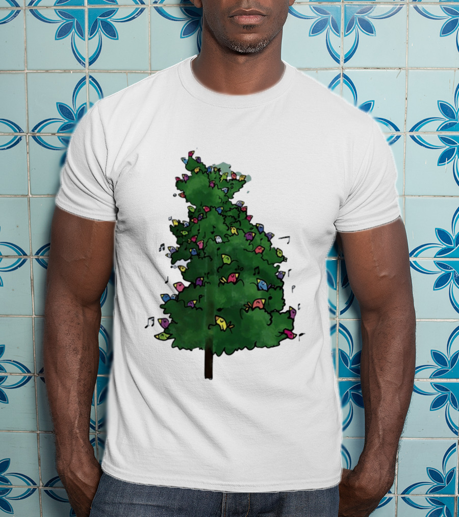 Colorful Singing Birds In Evergreen Tree With Musical Notes T-Shirt