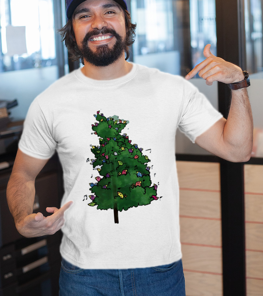 Colorful Singing Birds In Evergreen Tree With Musical Notes T-Shirt