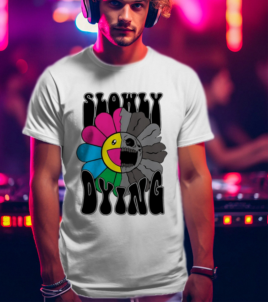 Slowly Dying Colorful Flower Skull Dark Half Happy Half Grim T-Shirt