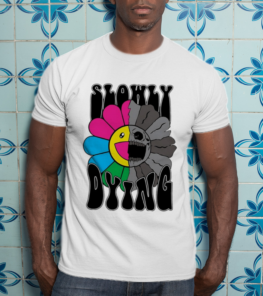 Slowly Dying Colorful Flower Skull Dark Half Happy Half Grim T-Shirt