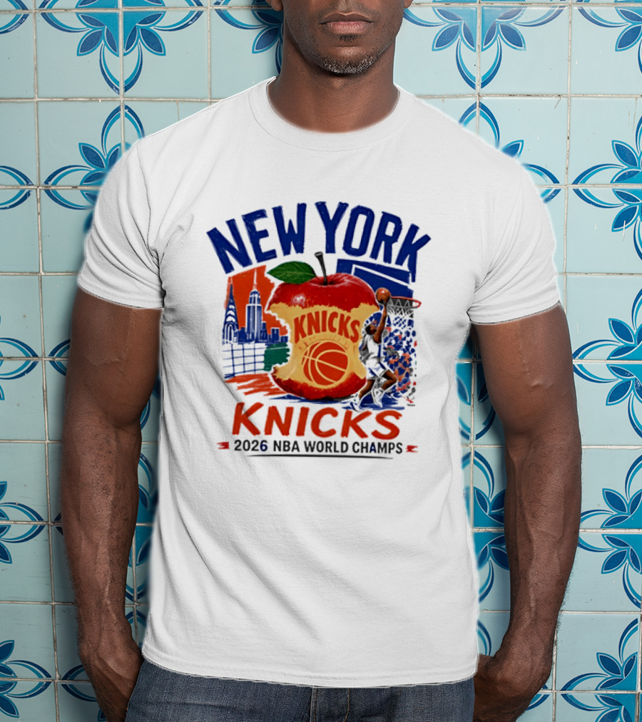 New York Knicks 2026 NBA World Champs Skyline Apple Basketball T-Shirt