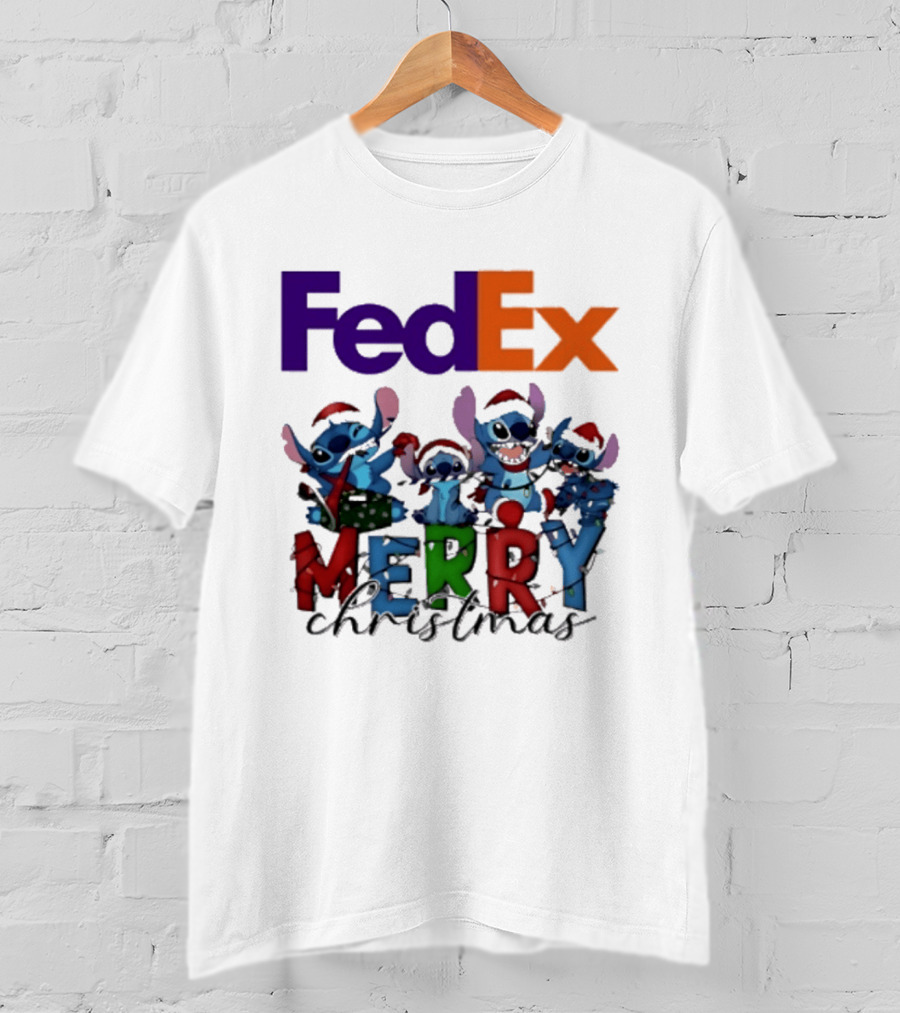 FedEx Stitch Merry Christmas 2025 Characters In Santa Hats T-Shirt