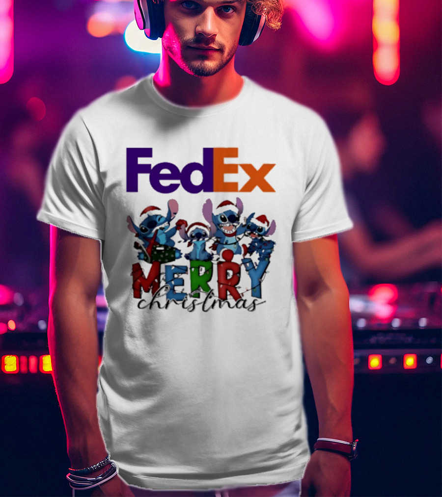 FedEx Stitch Merry Christmas 2025 Characters In Santa Hats T-Shirt
