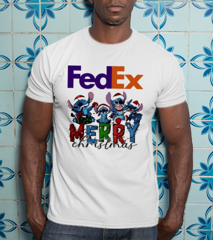 FedEx Stitch Merry Christmas 2025 Characters In Santa Hats T-Shirt