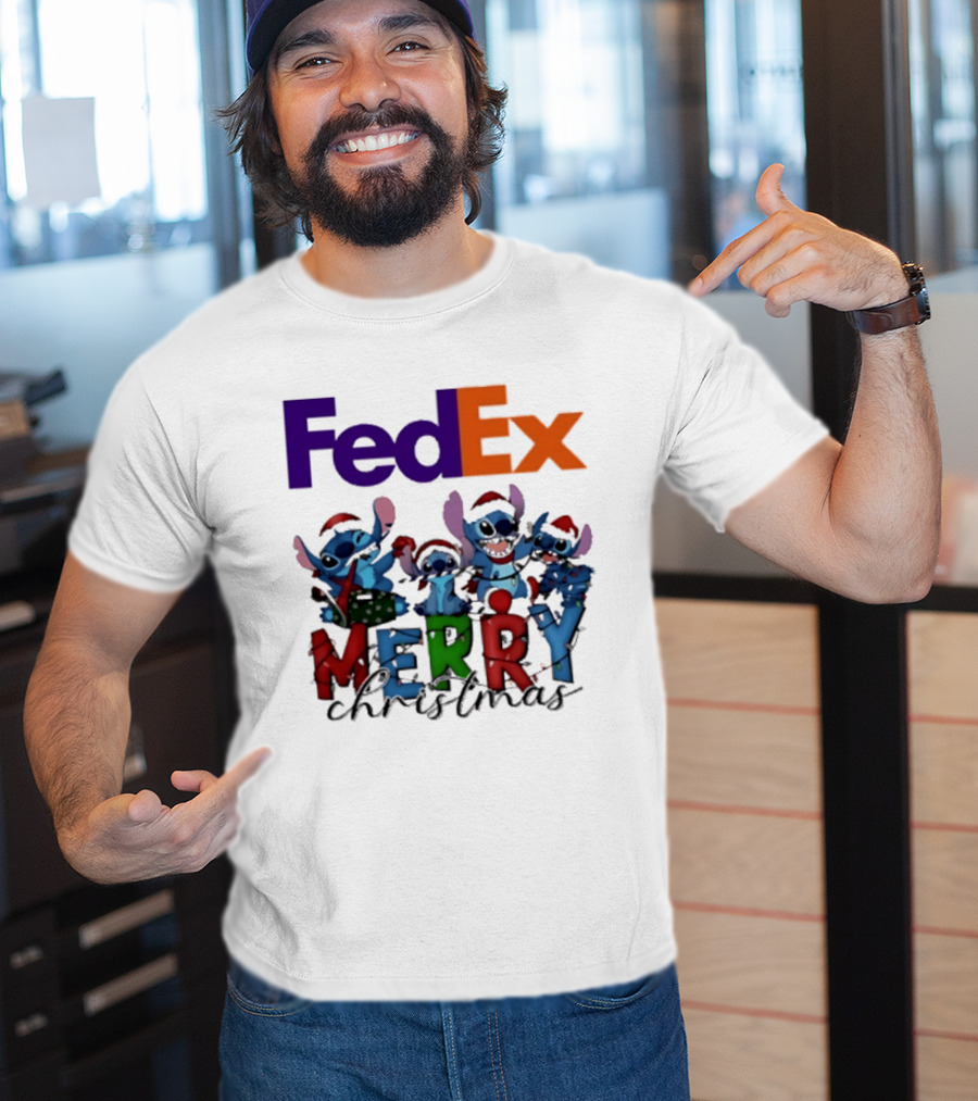 FedEx Stitch Merry Christmas 2025 Characters In Santa Hats T-Shirt