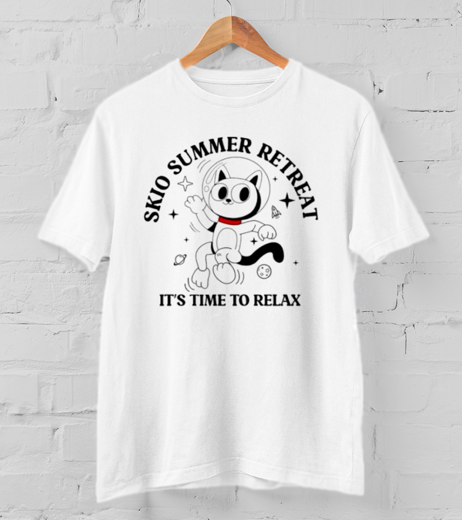 Skio Summer Retreat It's Time To Relax Cat Astronaut Adventure T-Shirt