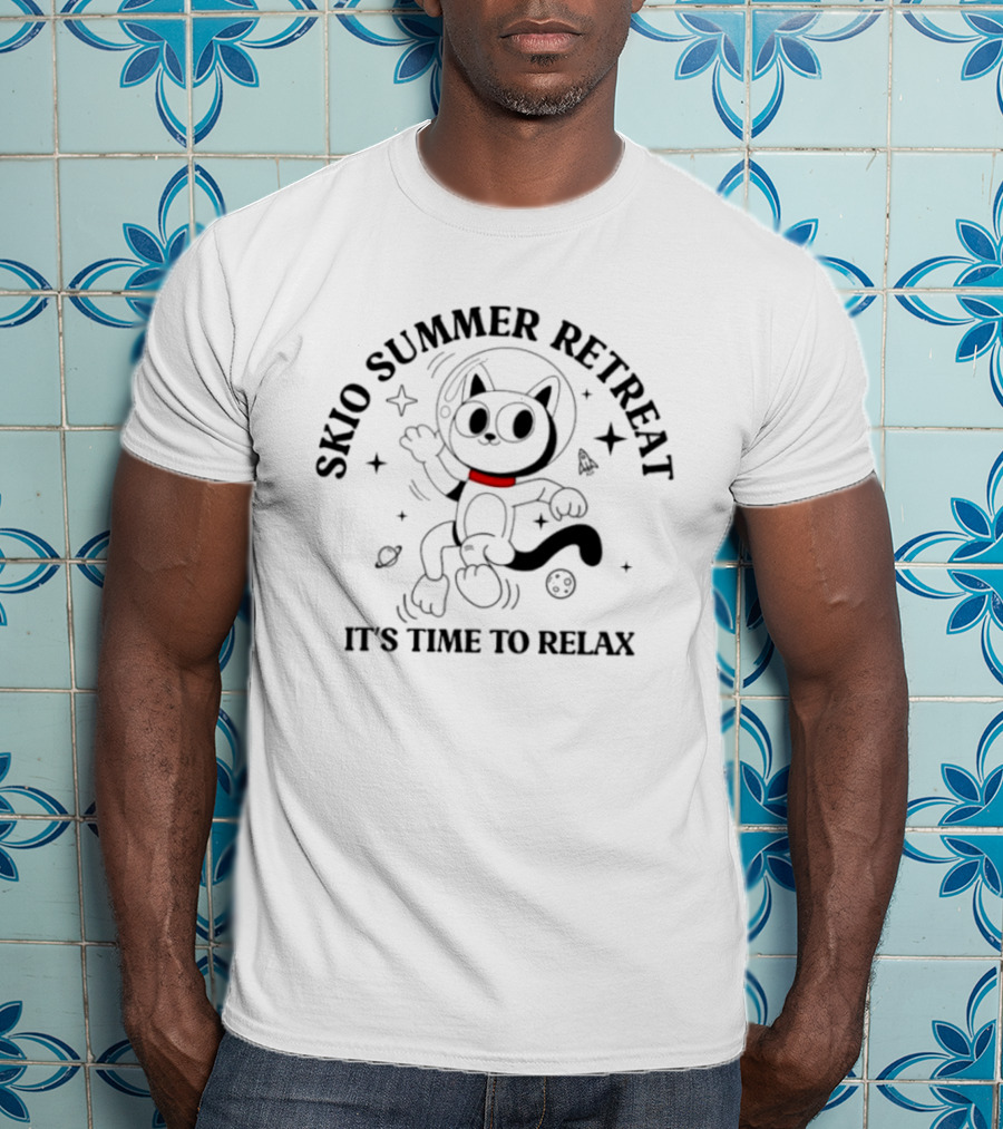 Skio Summer Retreat It's Time To Relax Cat Astronaut Adventure T-Shirt