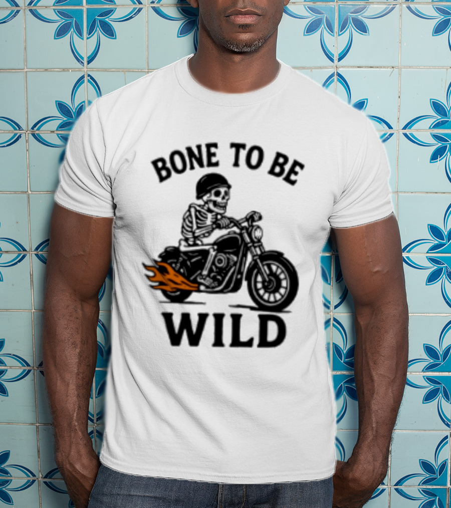Bone To Be Wild Skeleton Motorcycle Rider Flames T-Shirt