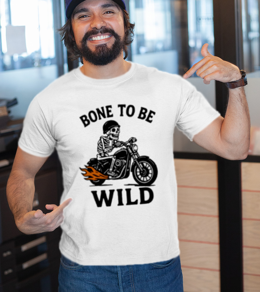 Bone To Be Wild Skeleton Motorcycle Rider Flames T-Shirt