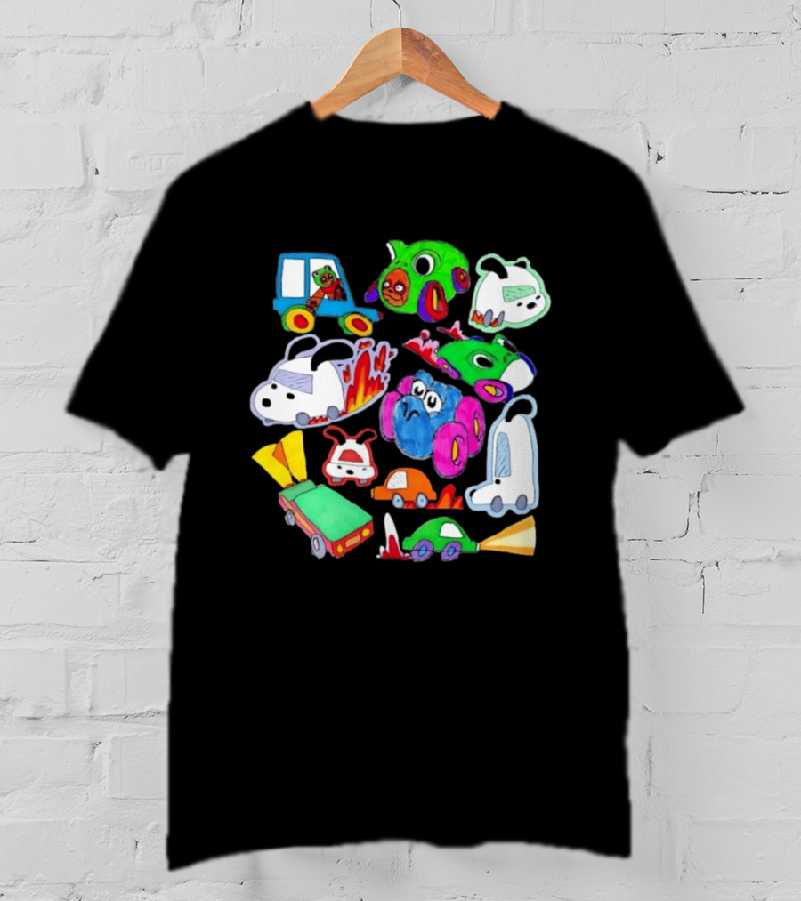 Colorful Cartoon Animal Toy Cars With Rocket Exhaust And Flames Racing Sketch T-Shirt