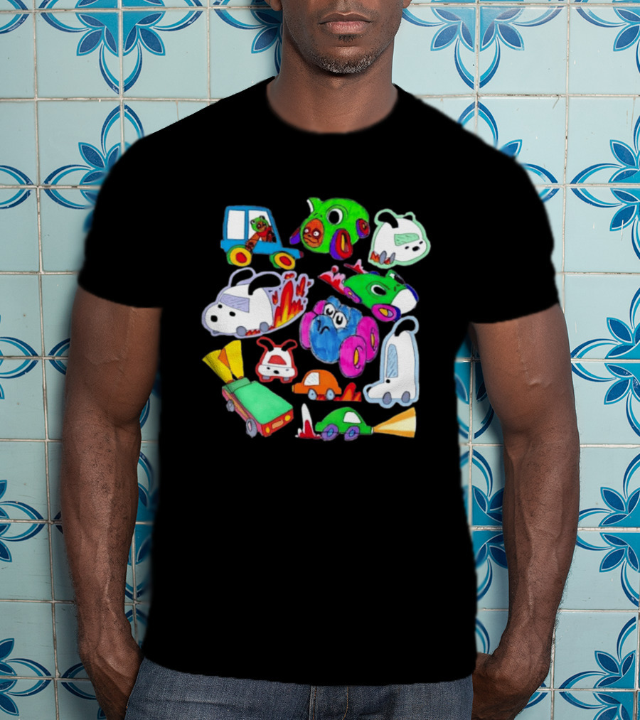 Colorful Cartoon Animal Toy Cars With Rocket Exhaust And Flames Racing Sketch T-Shirt