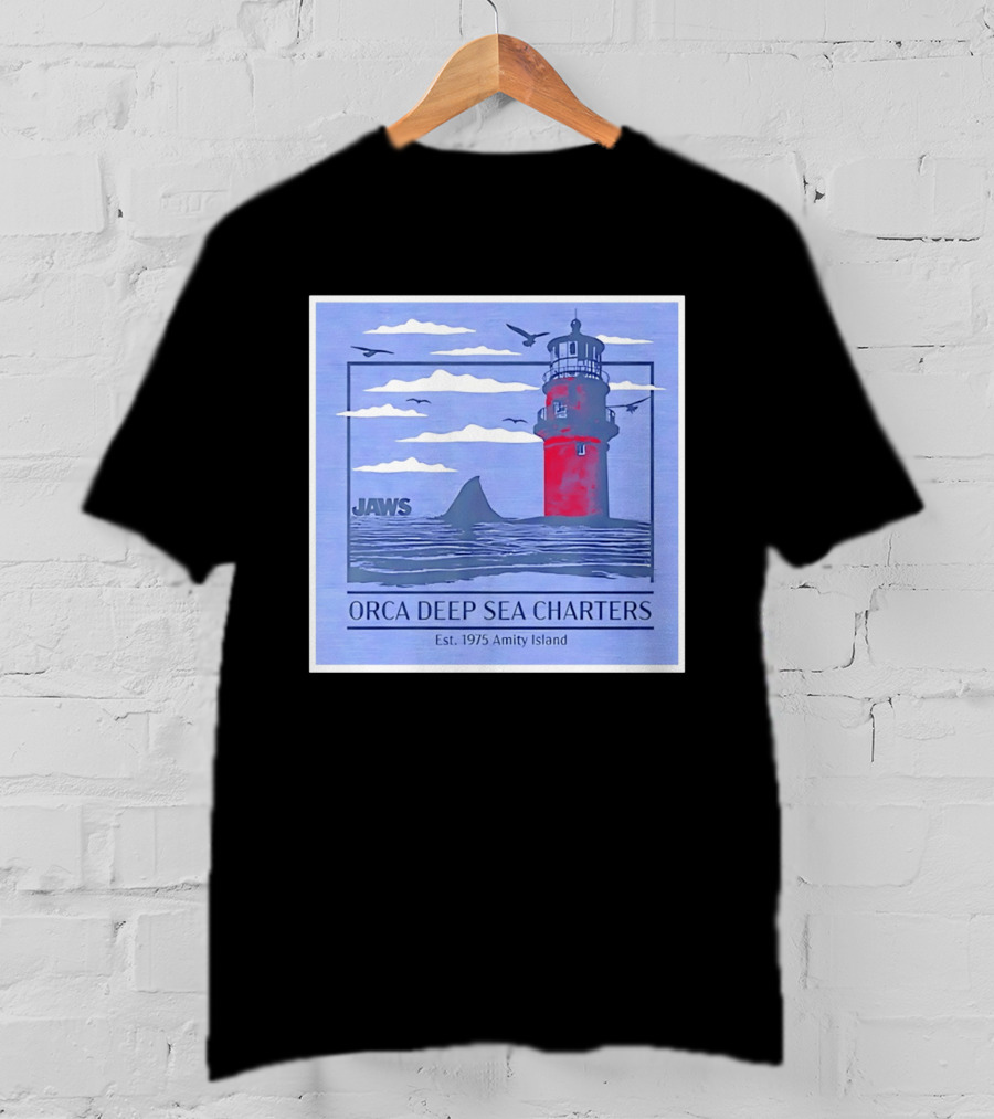 Jaws Orca Deep Sea Charters 1975 Amity Island Lighthouse Ocean Adventure T-Shirt