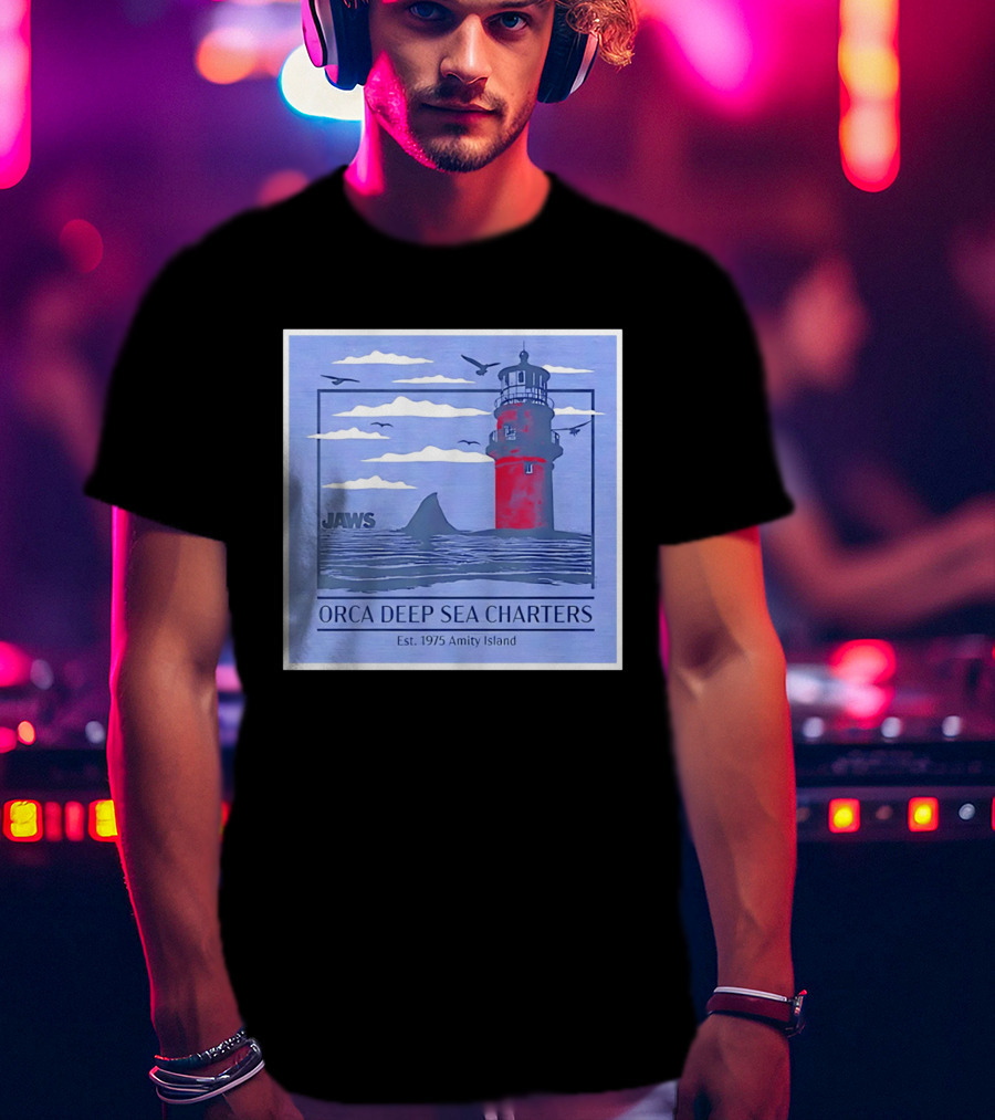 Jaws Orca Deep Sea Charters 1975 Amity Island Lighthouse Ocean Adventure T-Shirt