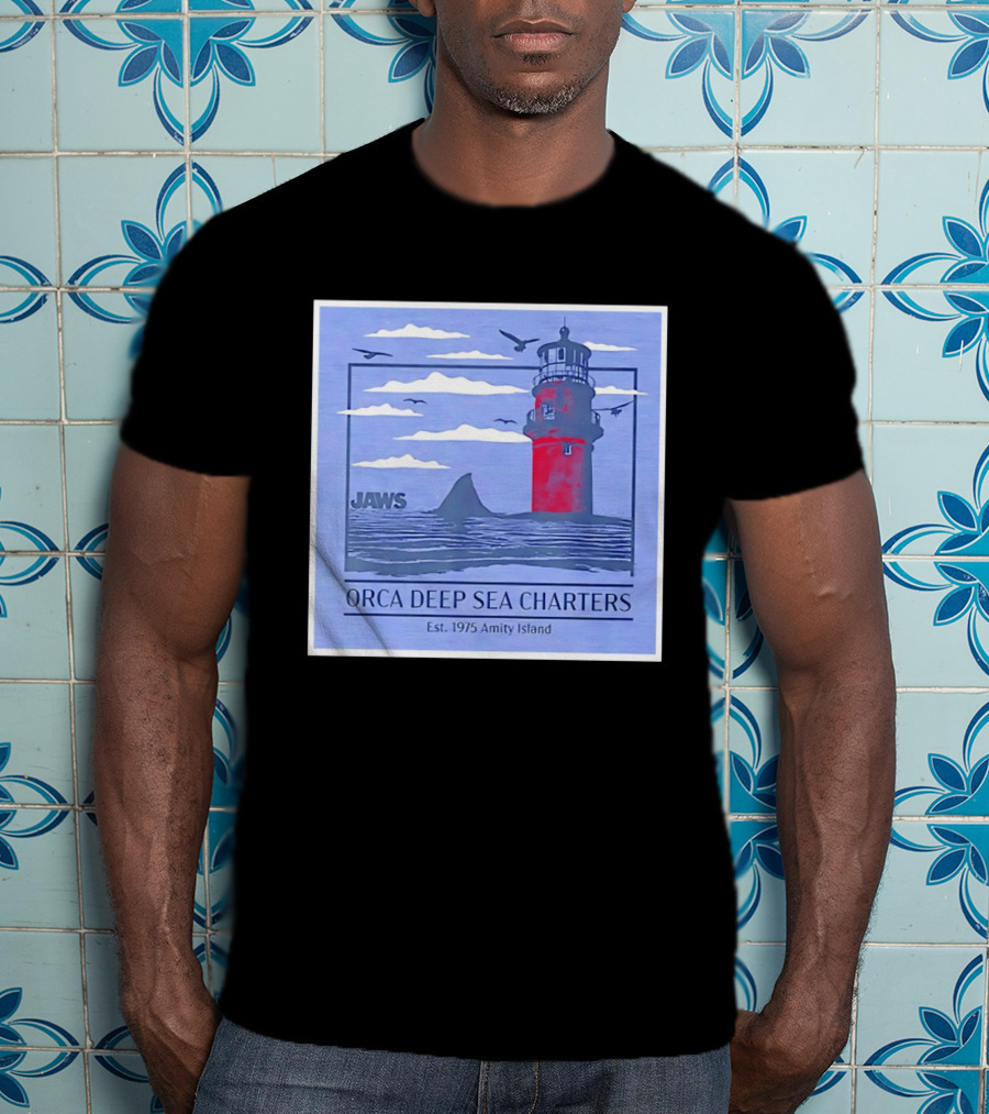 Jaws Orca Deep Sea Charters 1975 Amity Island Lighthouse Ocean Adventure T-Shirt
