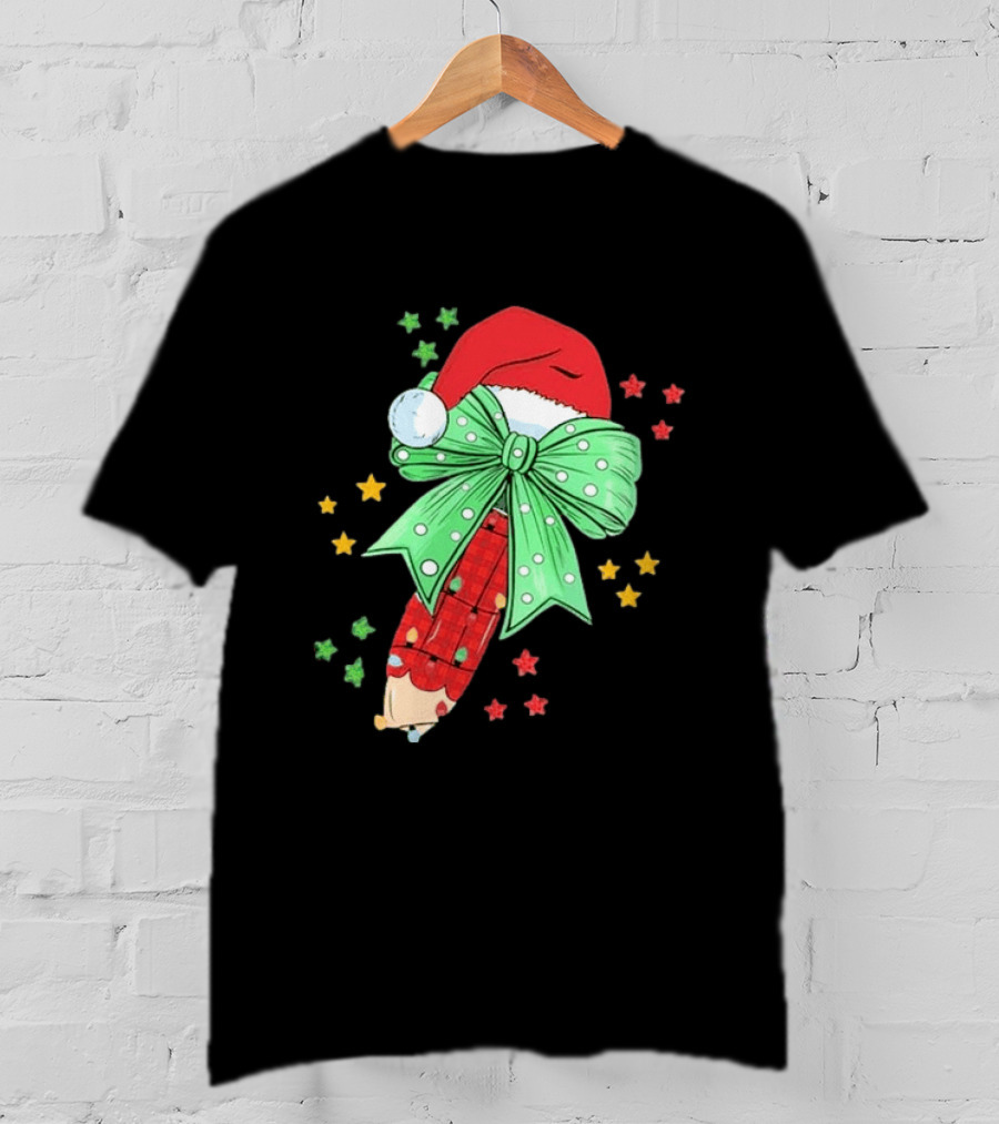 Christmas Elf Pen Candy Cane With Green Bow And Santa Hat T-Shirt