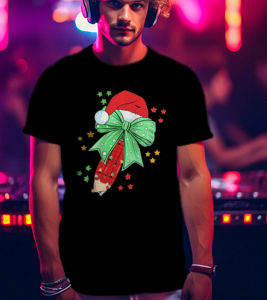 Christmas Elf Pen Candy Cane With Green Bow And Santa Hat T-Shirt