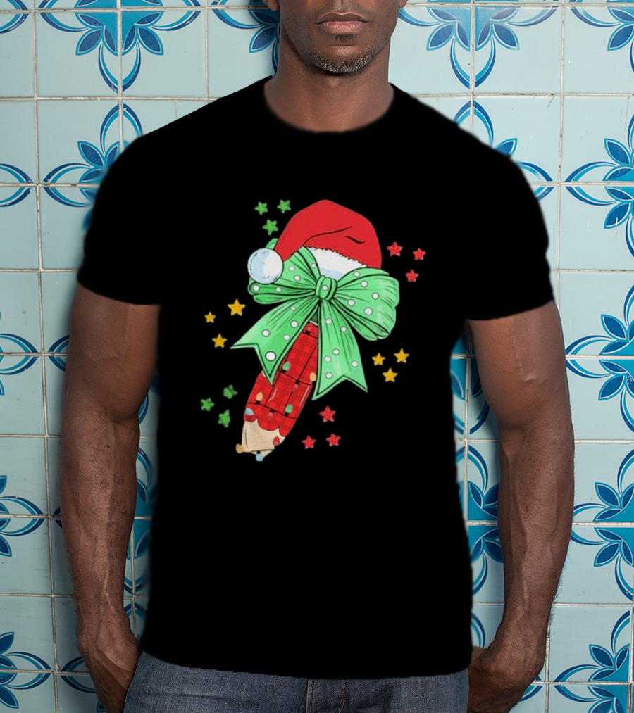 Christmas Elf Pen Candy Cane With Green Bow And Santa Hat T-Shirt