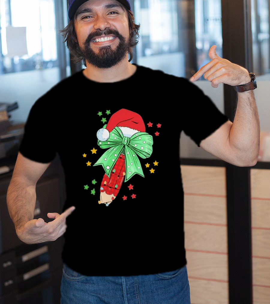 Christmas Elf Pen Candy Cane With Green Bow And Santa Hat T-Shirt