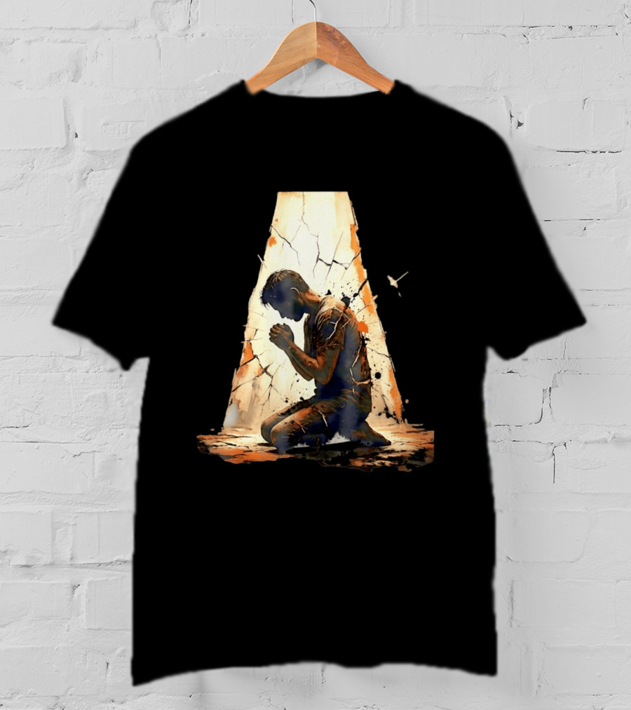 Man Kneeling In Prayer Spiritual Faith Devotion Cracked Wall And Light T-Shirt