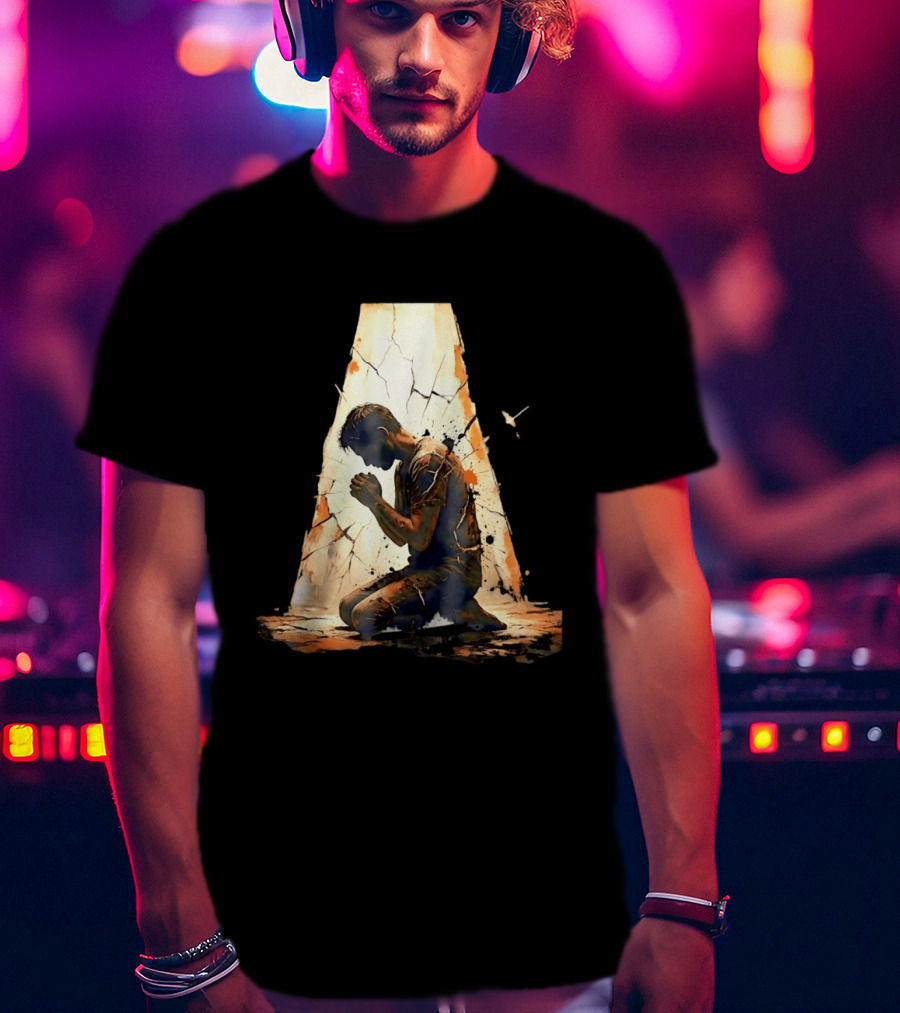 Man Kneeling In Prayer Spiritual Faith Devotion Cracked Wall And Light T-Shirt
