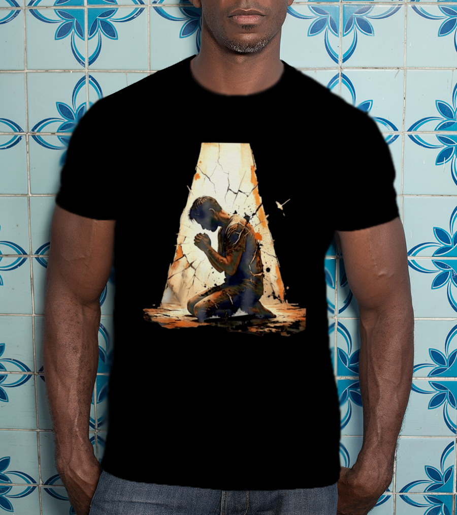 Man Kneeling In Prayer Spiritual Faith Devotion Cracked Wall And Light T-Shirt