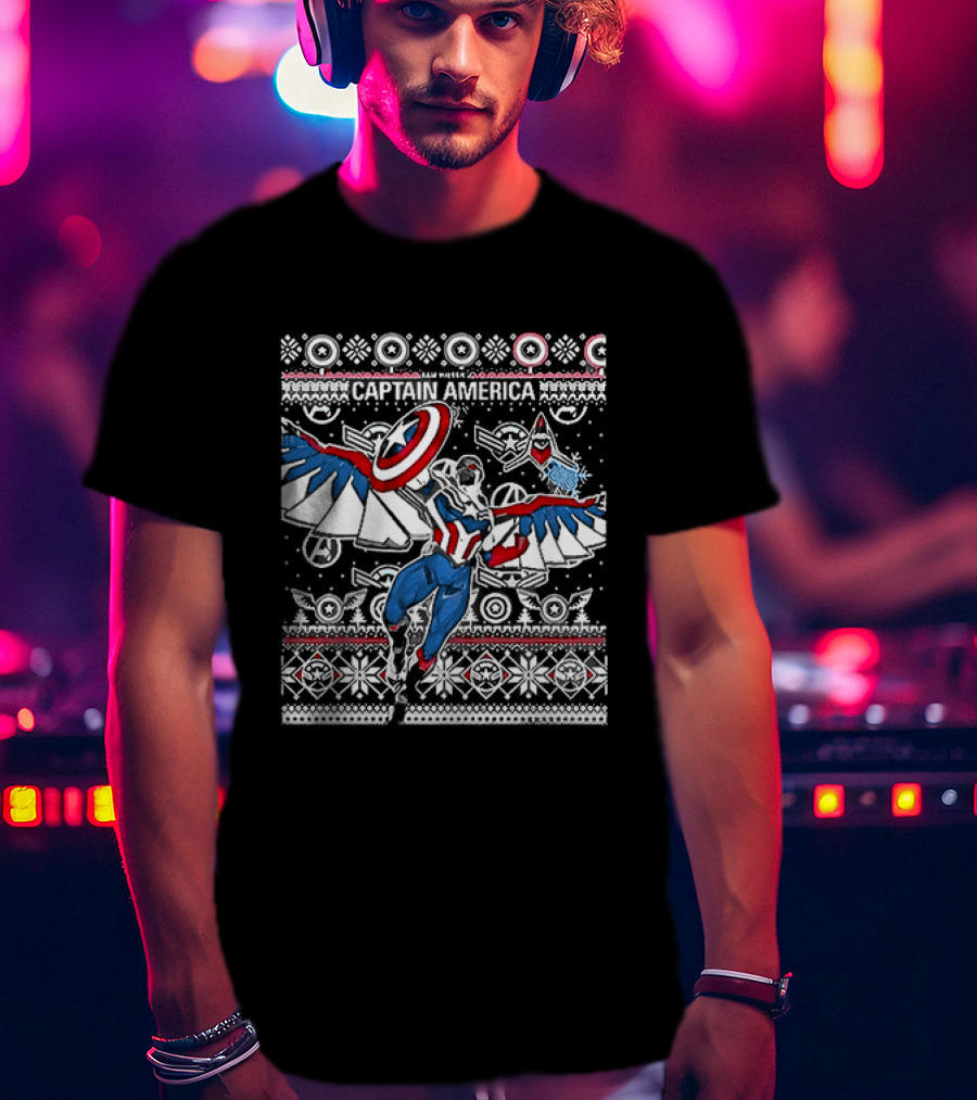 Marvel Captain America Sam Wilson Christmas Sweater Style Festive Holiday T-Shirt