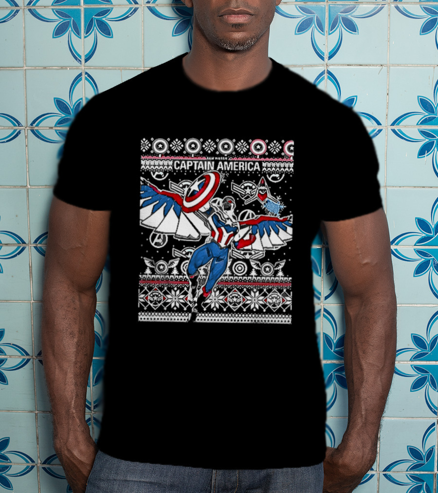 Marvel Captain America Sam Wilson Christmas Sweater Style Festive Holiday T-Shirt