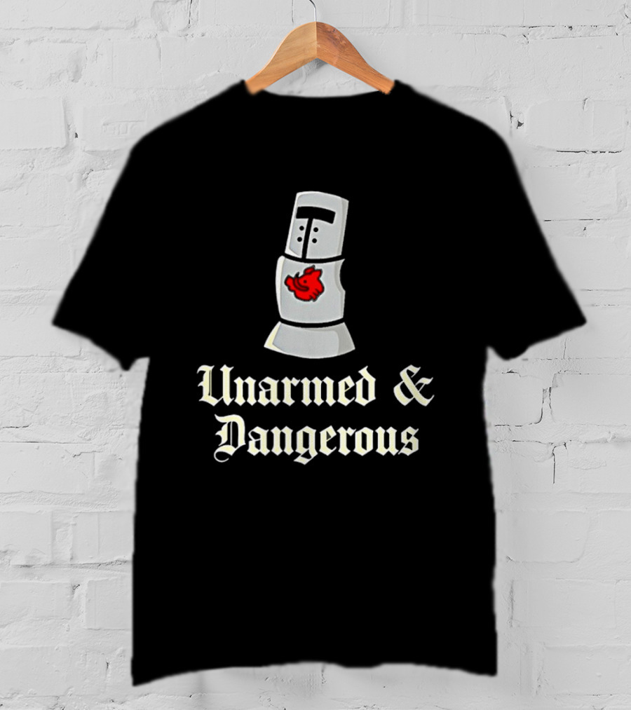 Unarmed And Dangerous Classic Medieval Helmet With Red Mark T-Shirt