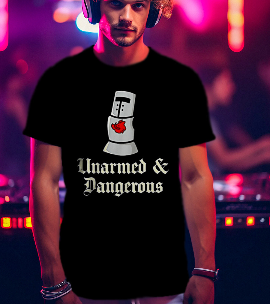 Unarmed And Dangerous Classic Medieval Helmet With Red Mark T-Shirt