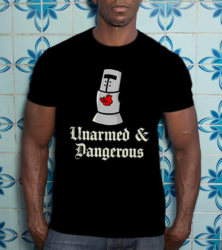 Unarmed And Dangerous Classic Medieval Helmet With Red Mark T-Shirt