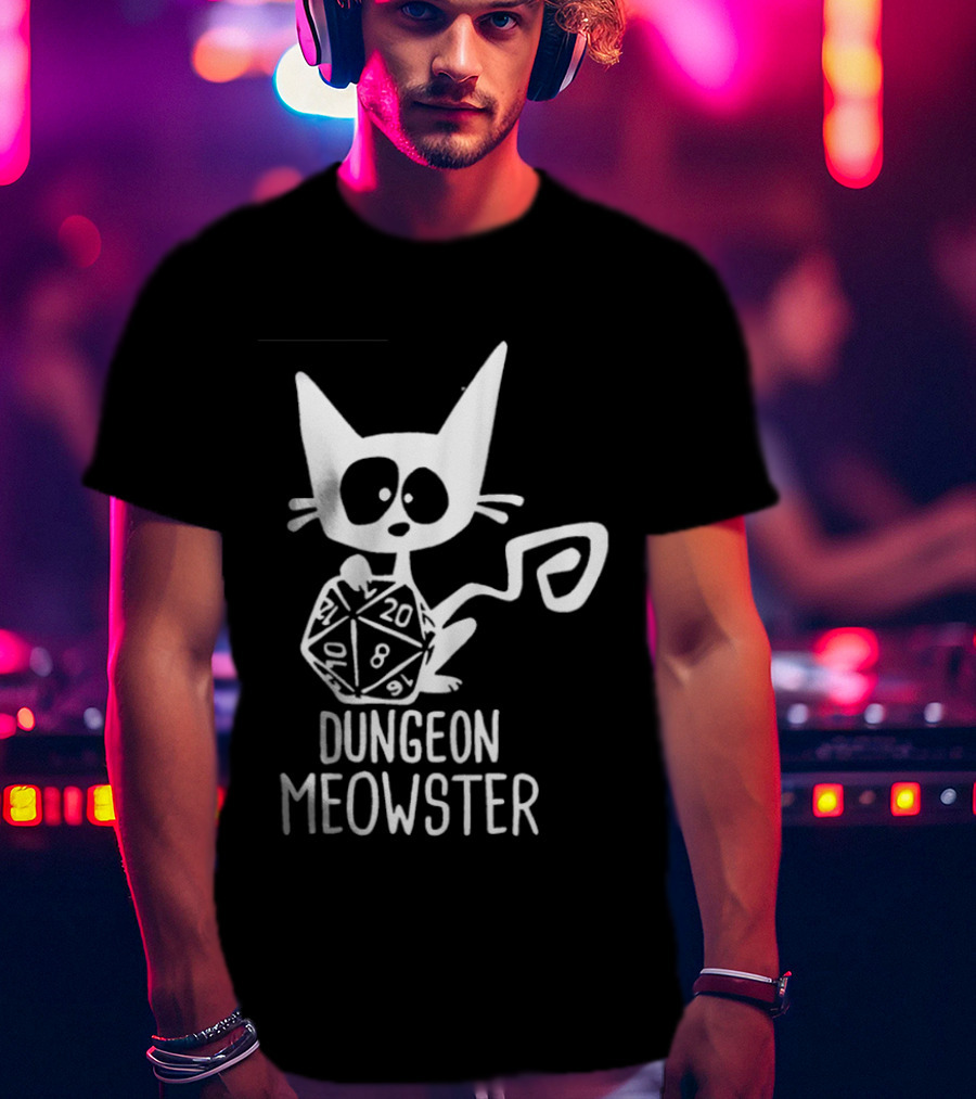 Dungeon Meowster Cat Holding D20 Dice Dungeons And Dragons T-Shirt