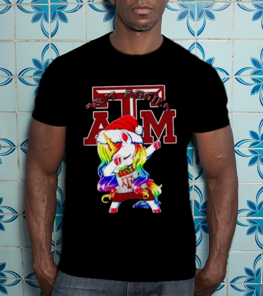 Texas Am Aggies Unicorn Dabbing Santa Hat Merry Christmas T-Shirt