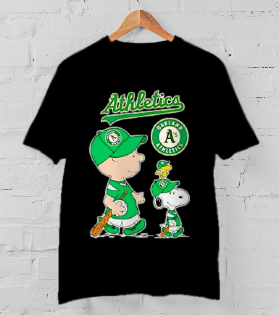 Oakland Athletics MLB Charlie Brown Snoopy Woodstock Baseball Peanuts Characters T-Shirt