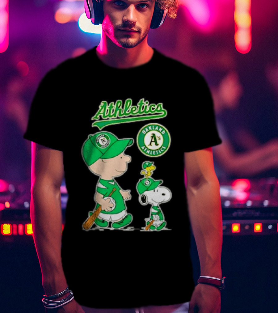 Oakland Athletics MLB Charlie Brown Snoopy Woodstock Baseball Peanuts Characters T-Shirt