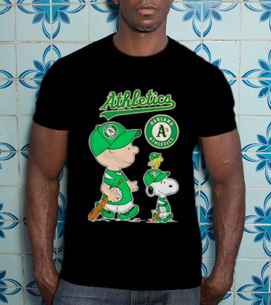 Oakland Athletics MLB Charlie Brown Snoopy Woodstock Baseball Peanuts Characters T-Shirt