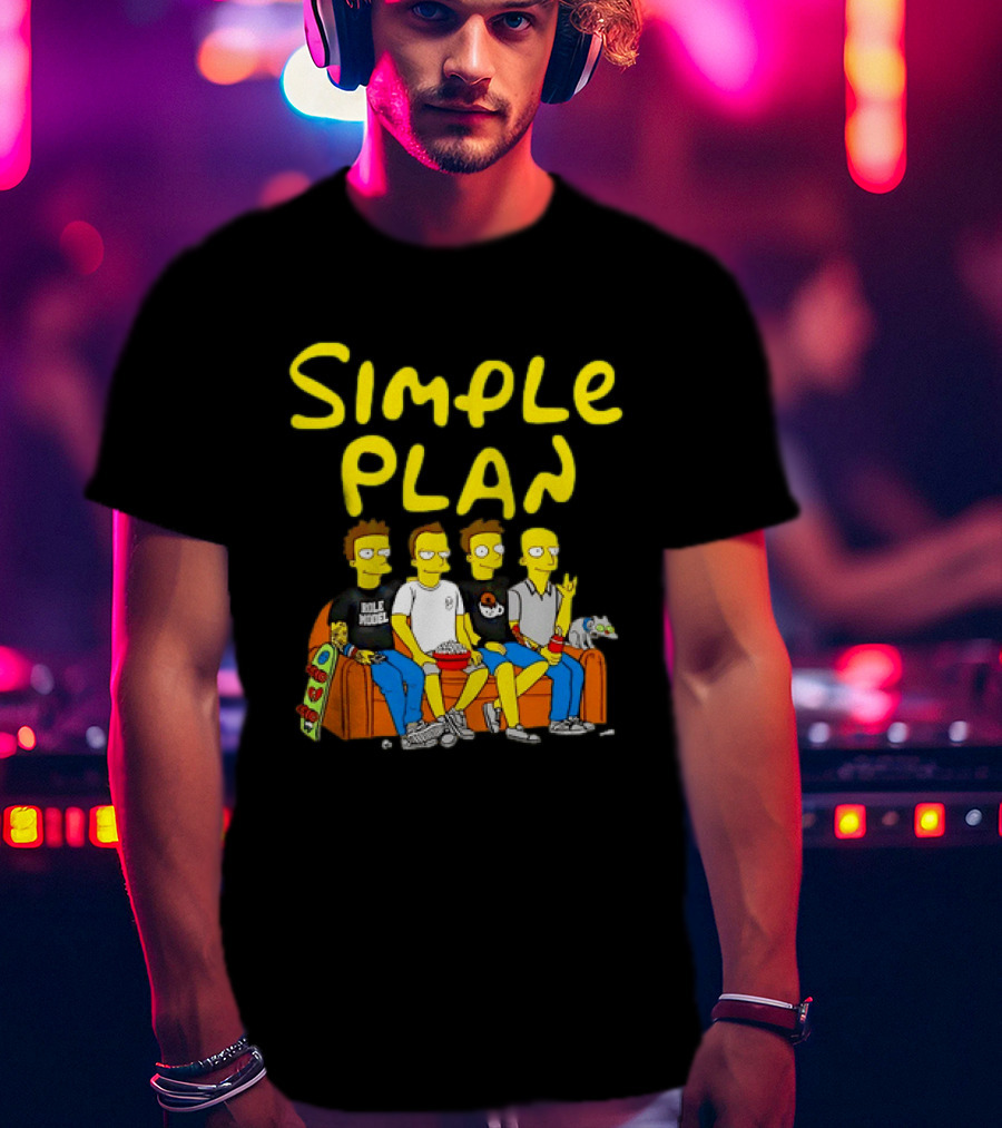 Simple Plan Band Members Cartoon Style On Couch T-Shirt