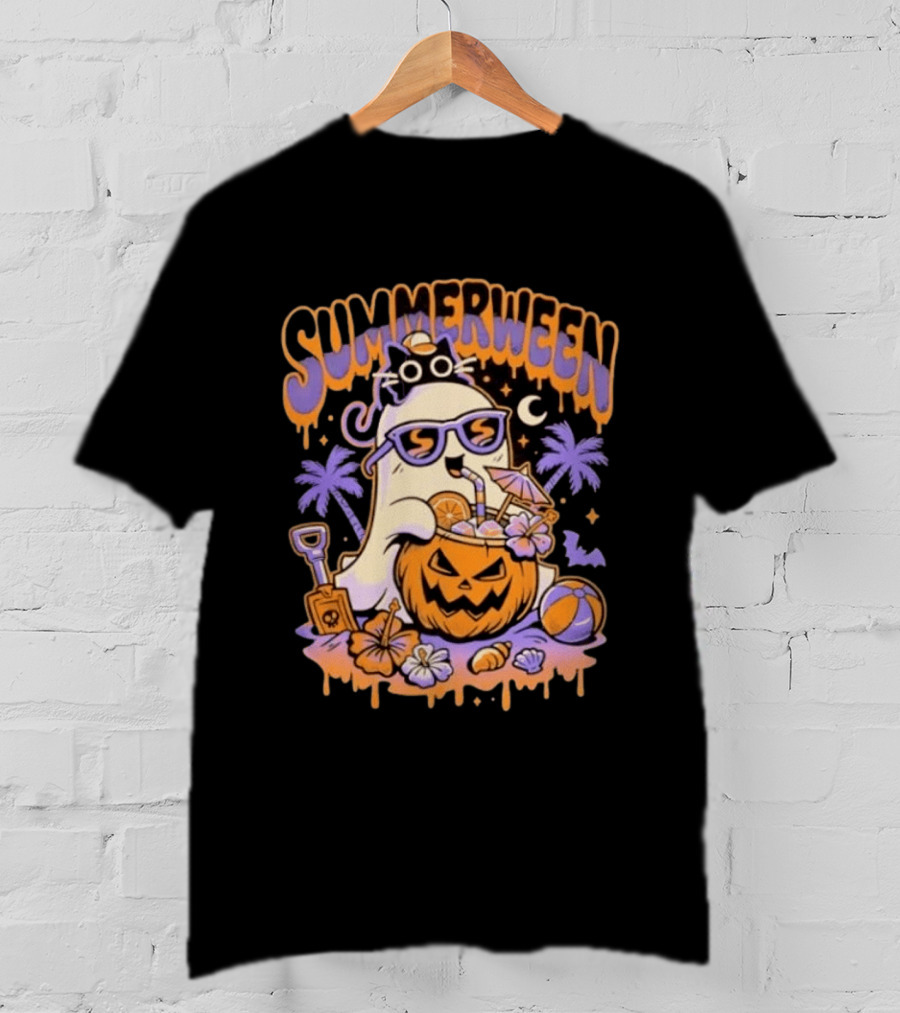 Summerween Cartoon Ghost Sunglasses Drinking Pumpkin Beach Vibes T-Shirt