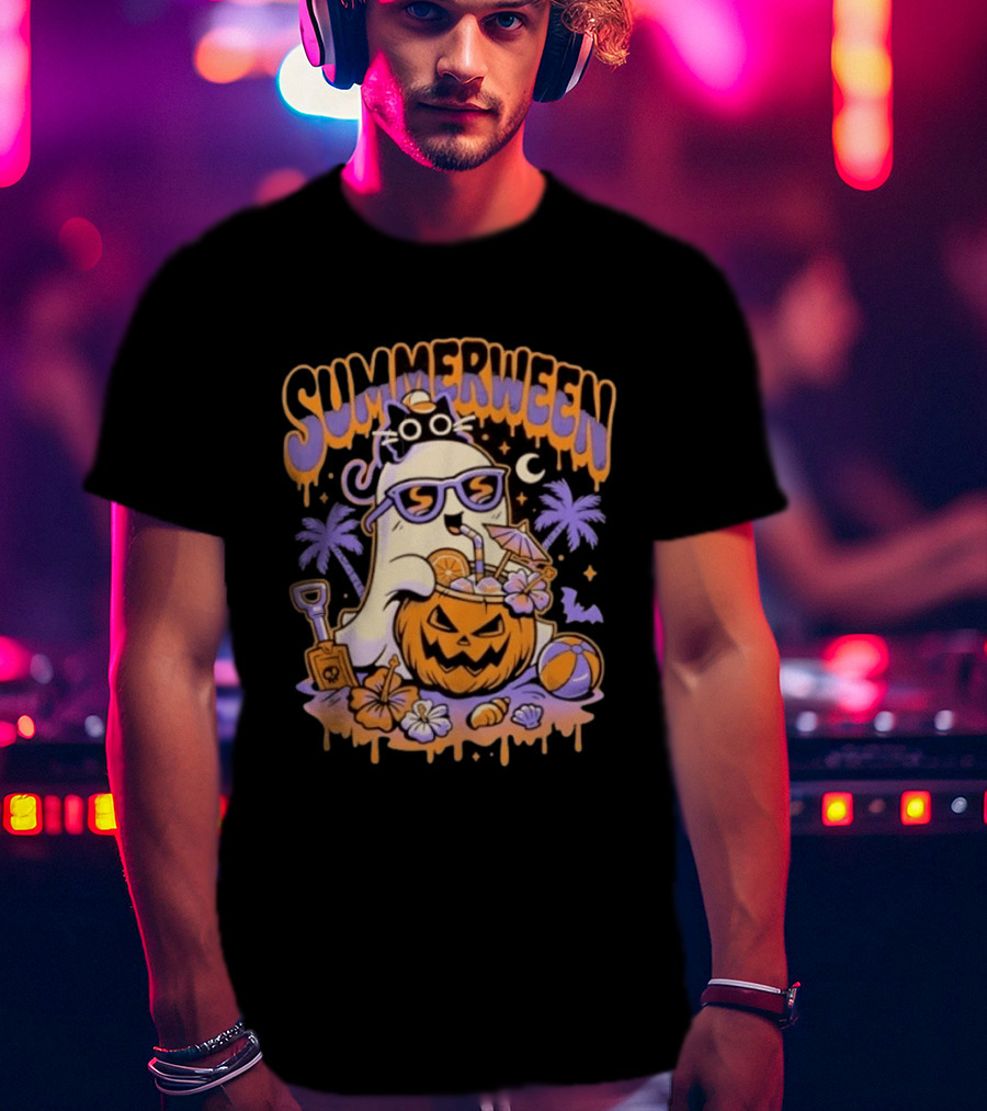 Summerween Cartoon Ghost Sunglasses Drinking Pumpkin Beach Vibes T-Shirt