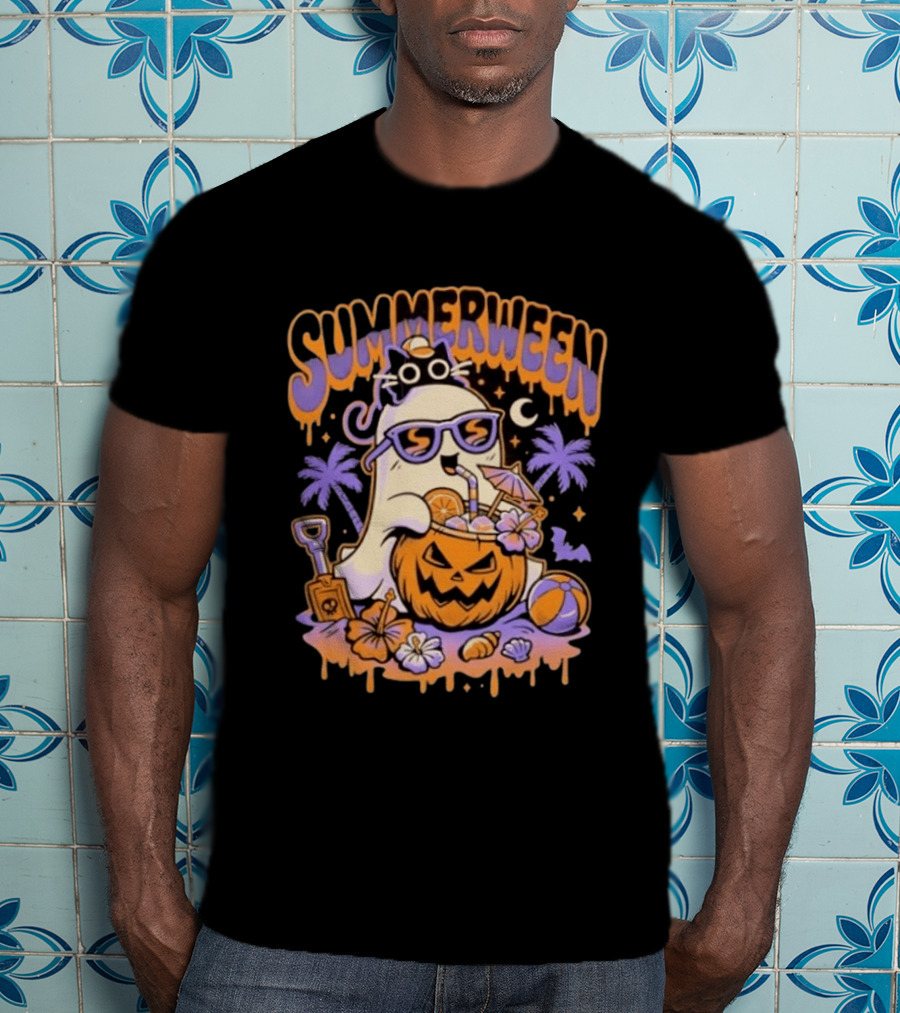 Summerween Cartoon Ghost Sunglasses Drinking Pumpkin Beach Vibes T-Shirt