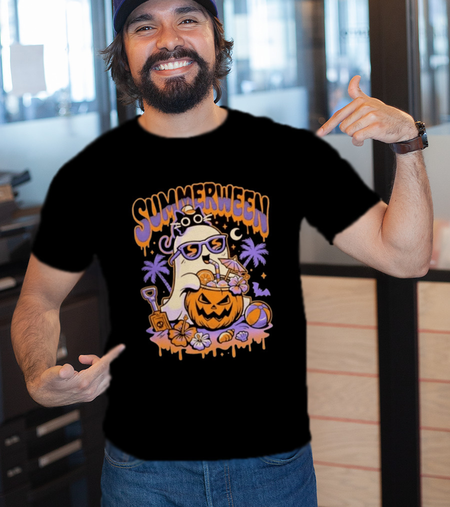 Summerween Cartoon Ghost Sunglasses Drinking Pumpkin Beach Vibes T-Shirt