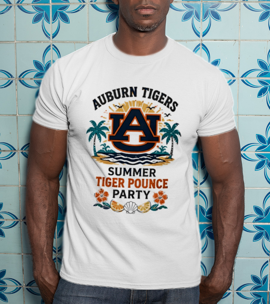Auburn Tigers Summer Tiger Pounce Party Tropical Beach Scene T-Shirt