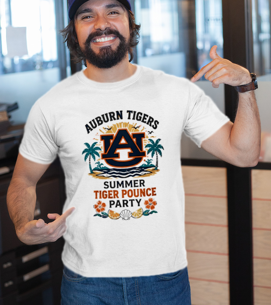 Auburn Tigers Summer Tiger Pounce Party Tropical Beach Scene T-Shirt