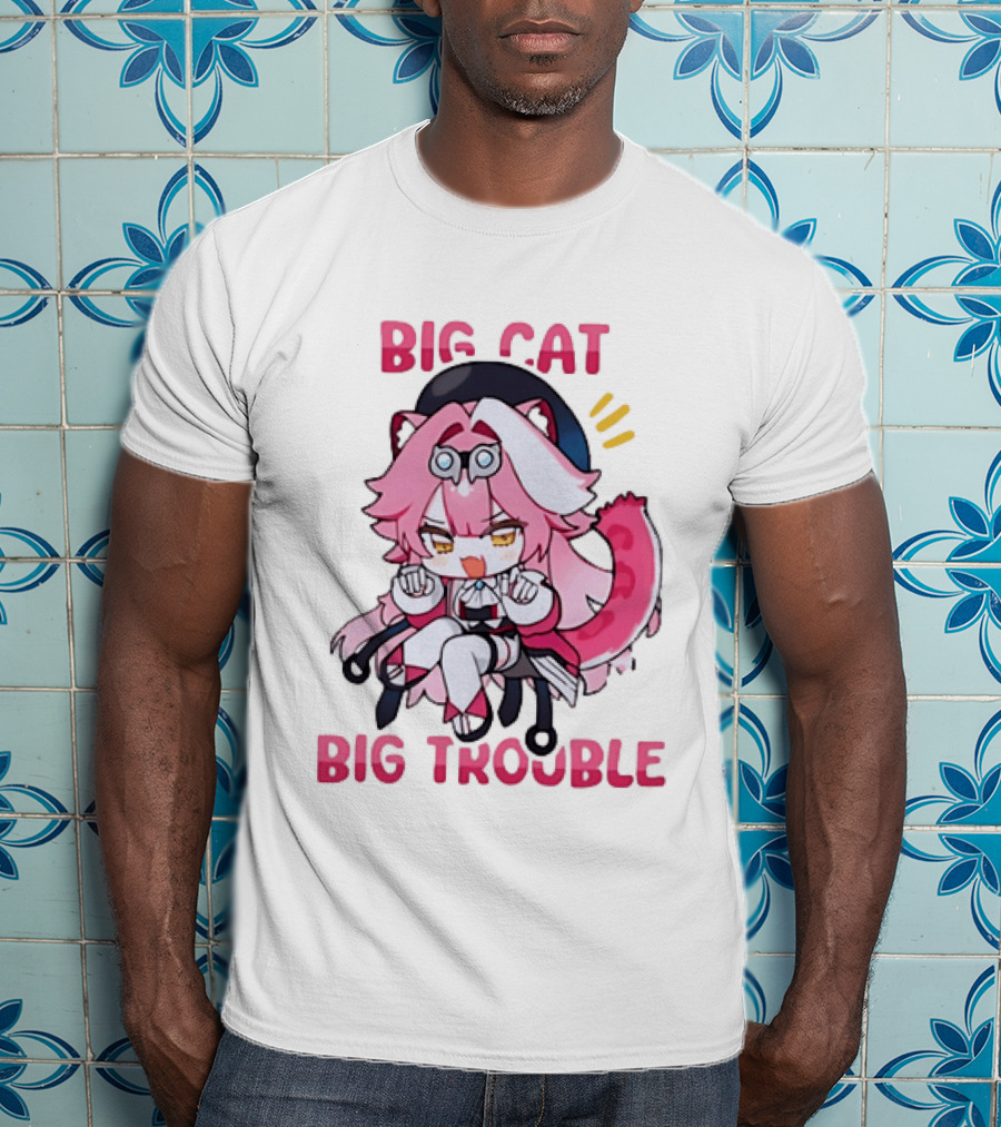 Big Cat Big Trouble Chibi Character With Pink Hair And Tail T-Shirt
