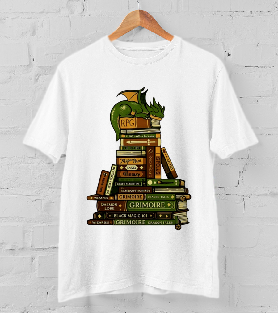 Dragon Resting On RPG Fantasy Grimoire Magic Books Stack T-Shirt
