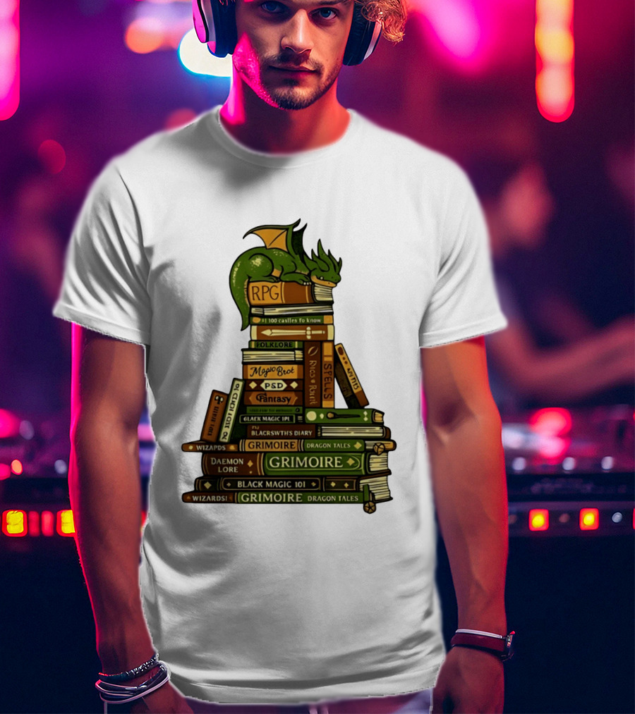 Dragon Resting On RPG Fantasy Grimoire Magic Books Stack T-Shirt