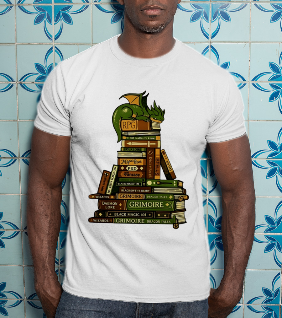 Dragon Resting On RPG Fantasy Grimoire Magic Books Stack T-Shirt