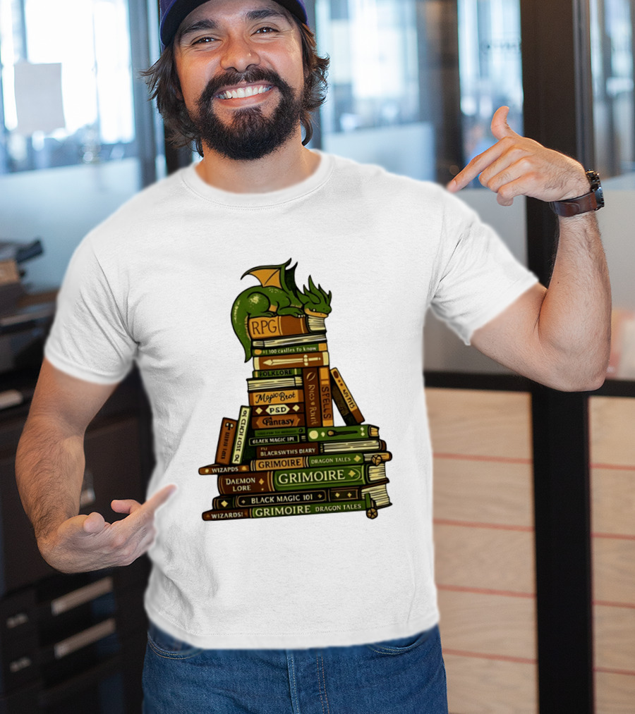 Dragon Resting On RPG Fantasy Grimoire Magic Books Stack T-Shirt