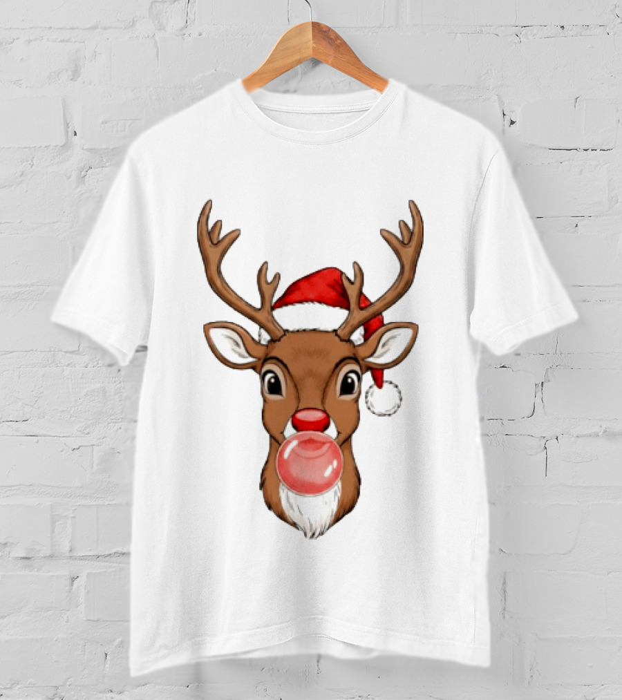 Merry Christmas Reindeer Santa Hat Bubble Gum Red Nose T-Shirt