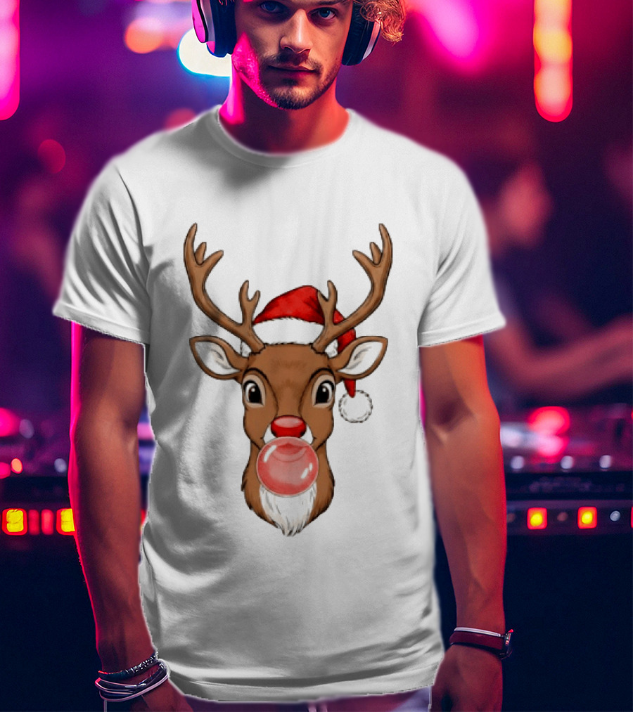 Merry Christmas Reindeer Santa Hat Bubble Gum Red Nose T-Shirt