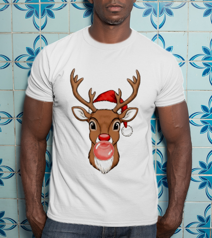 Merry Christmas Reindeer Santa Hat Bubble Gum Red Nose T-Shirt